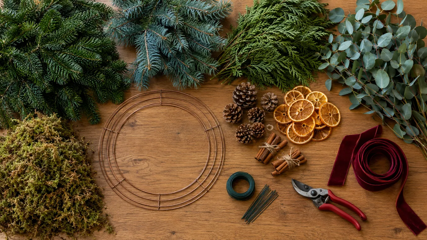Christmas wreath-making materials laid out on an oak table: wire ring, moss, fir, eucalyptus, pinecones, dried orange slices, cinnamon and red velvet ribbon