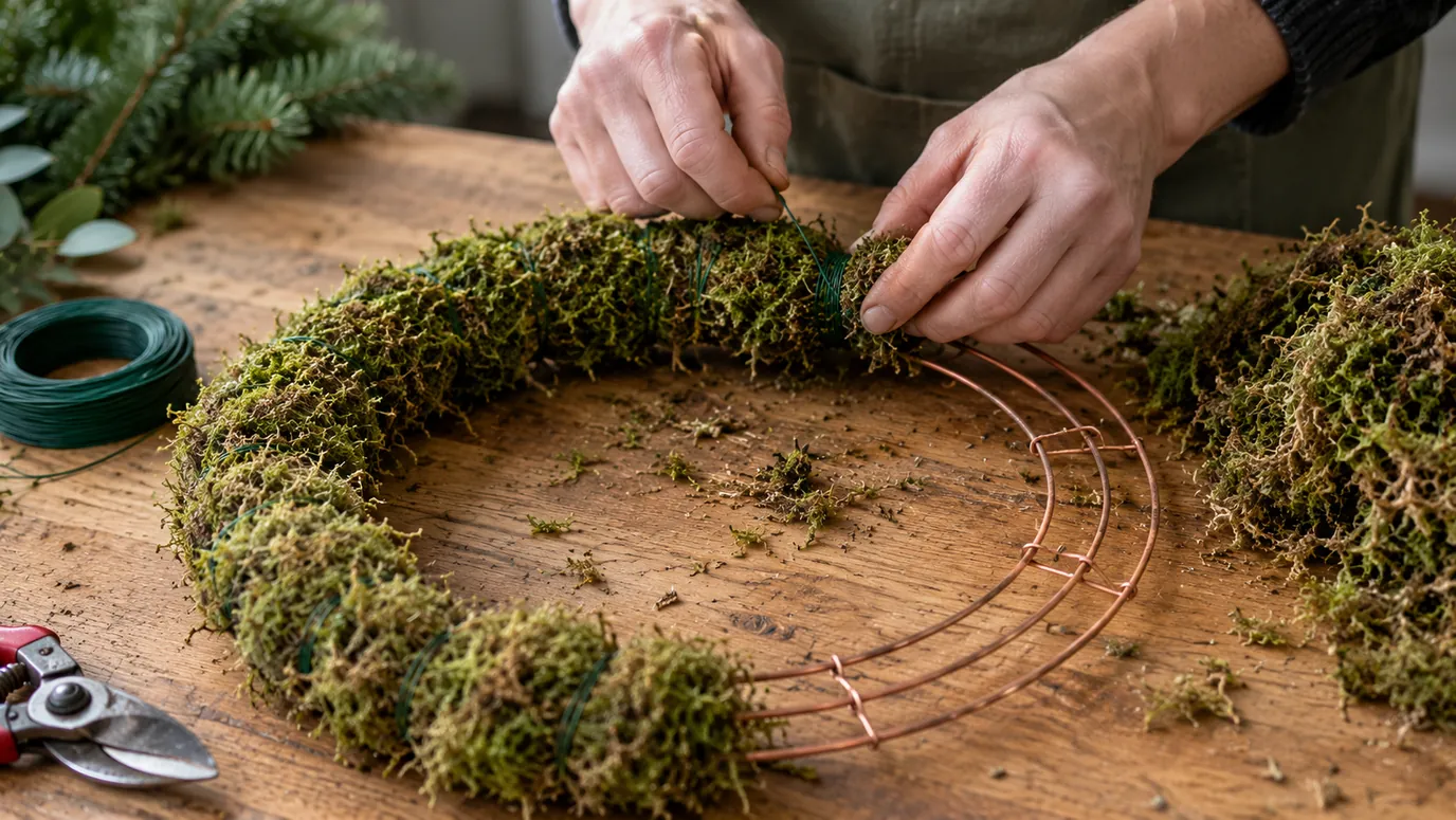 Hands packing sphagnum moss onto a copper wire wreath ring and binding it with green reel wire, with half the ring covered and a pile of loose moss beside it