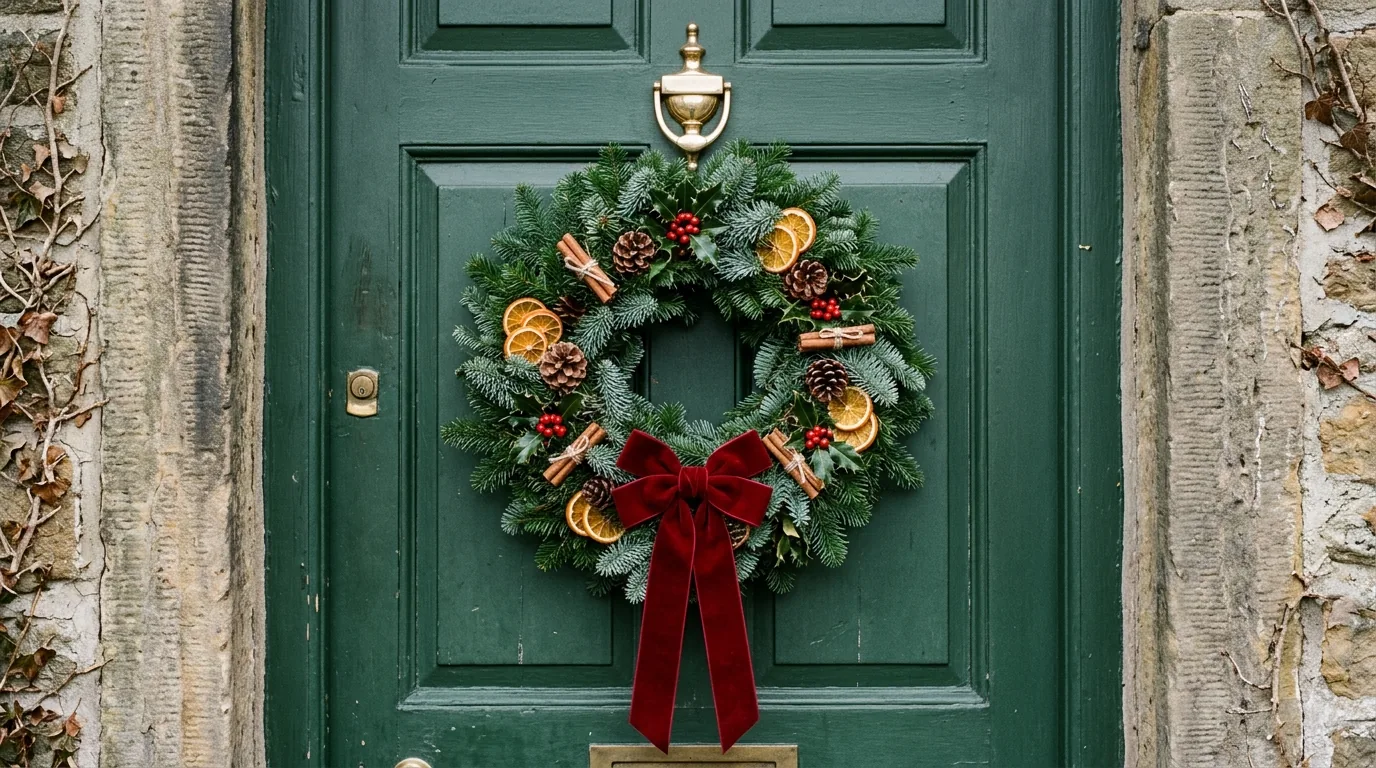 Fresh Christmas wreath with dried orange, cinnamon and a red velvet bow on a green front door