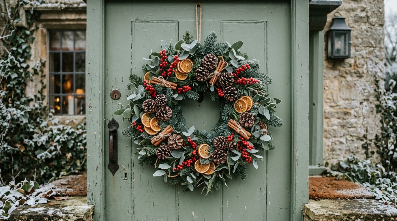 Handmade Christmas wreath with fir, pinecones and dried orange slices hanging on a front door in Denby Dale
