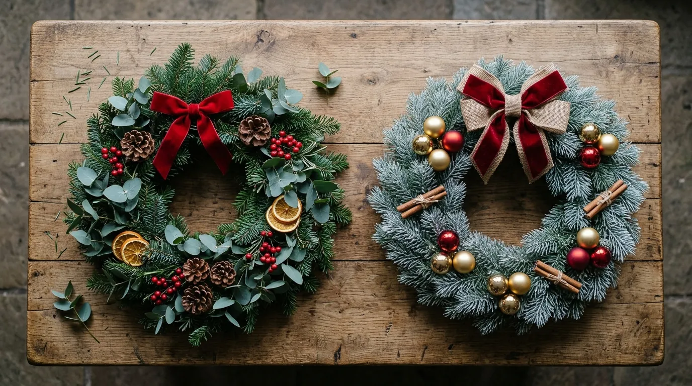 A fresh wreath of fir, eucalyptus, pinecones, dried orange and red berries beside an artificial wreath of frosted pine, gold and red baubles and cinnamon sticks, laid side by side on an oak table