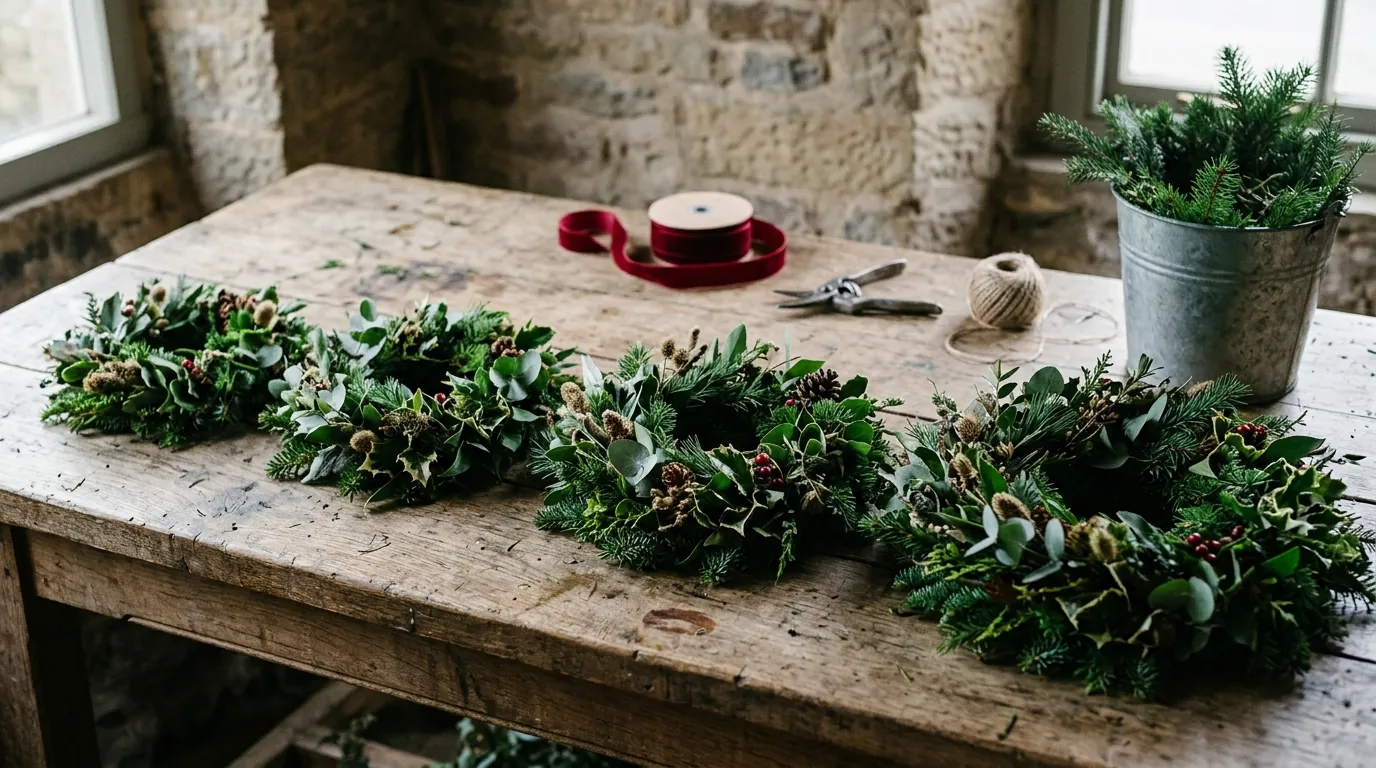 Four handmade fresh Christmas wreaths of fir and holly in increasing sizes laid in a row on a weathered oak workbench, with red ribbon, secateurs and twine behind