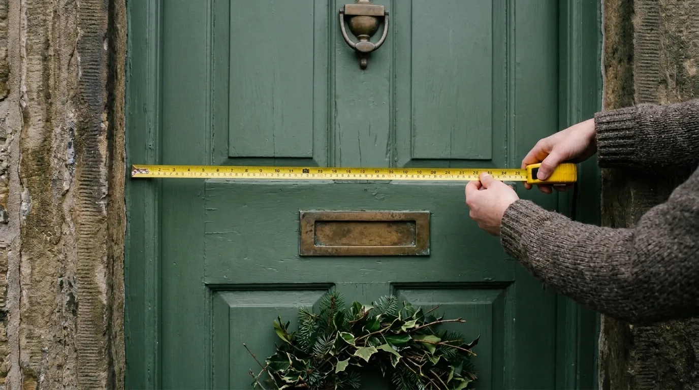 Hands stretching a yellow tape measure across a sage green panelled front door with a brass knocker and letterbox, with a fresh wreath resting below