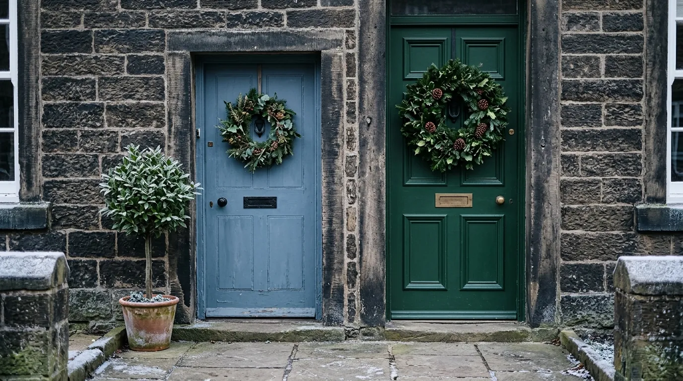 Two neighbouring Yorkshire stone terrace doors, a narrow blue cottage door with a smaller wreath and a wider green door with a larger wreath, each hung in the top half of the door