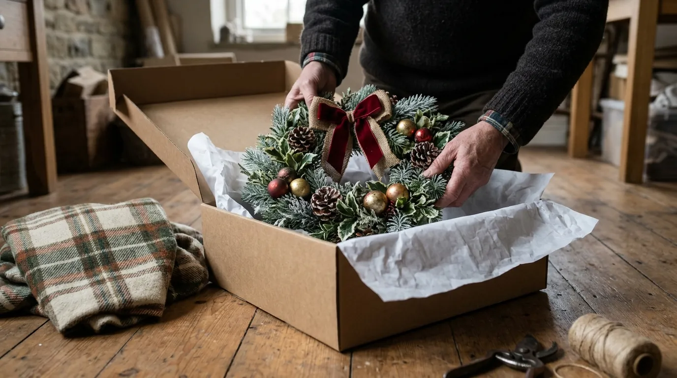 Hands placing an artificial Christmas wreath with baubles and a tartan bow into a tissue-lined cardboard box for storing until next year