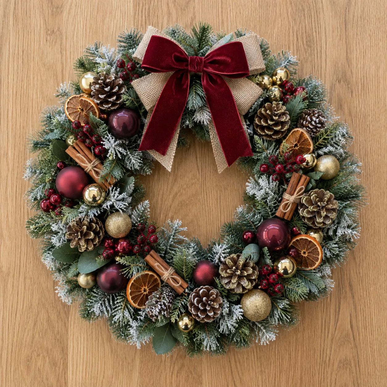 Artificial Christmas wreath with frosted pine, baubles, cinnamon sticks and a velvet and hessian bow