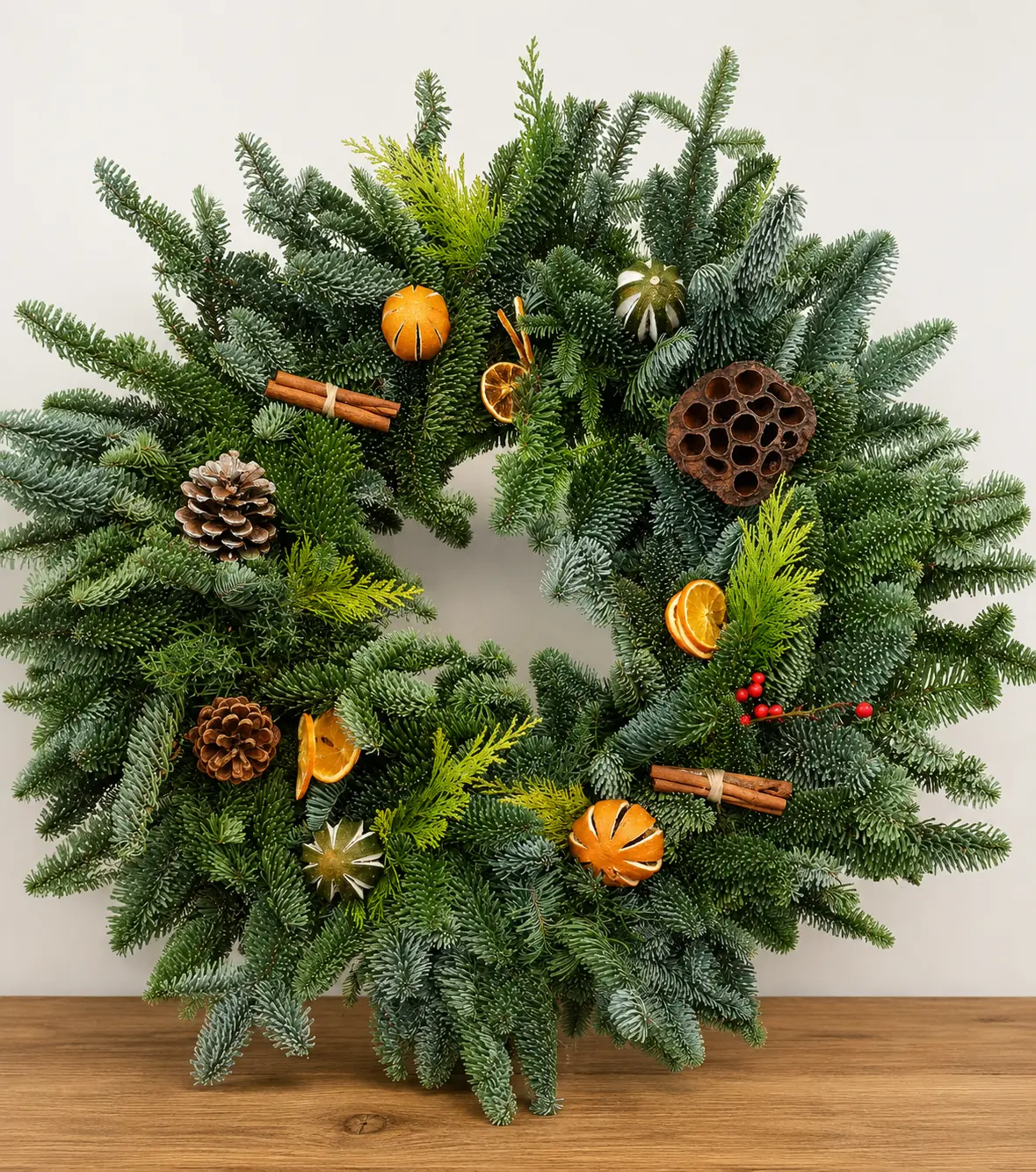 Christmas wreath decorated with dried citrus slices and foliage