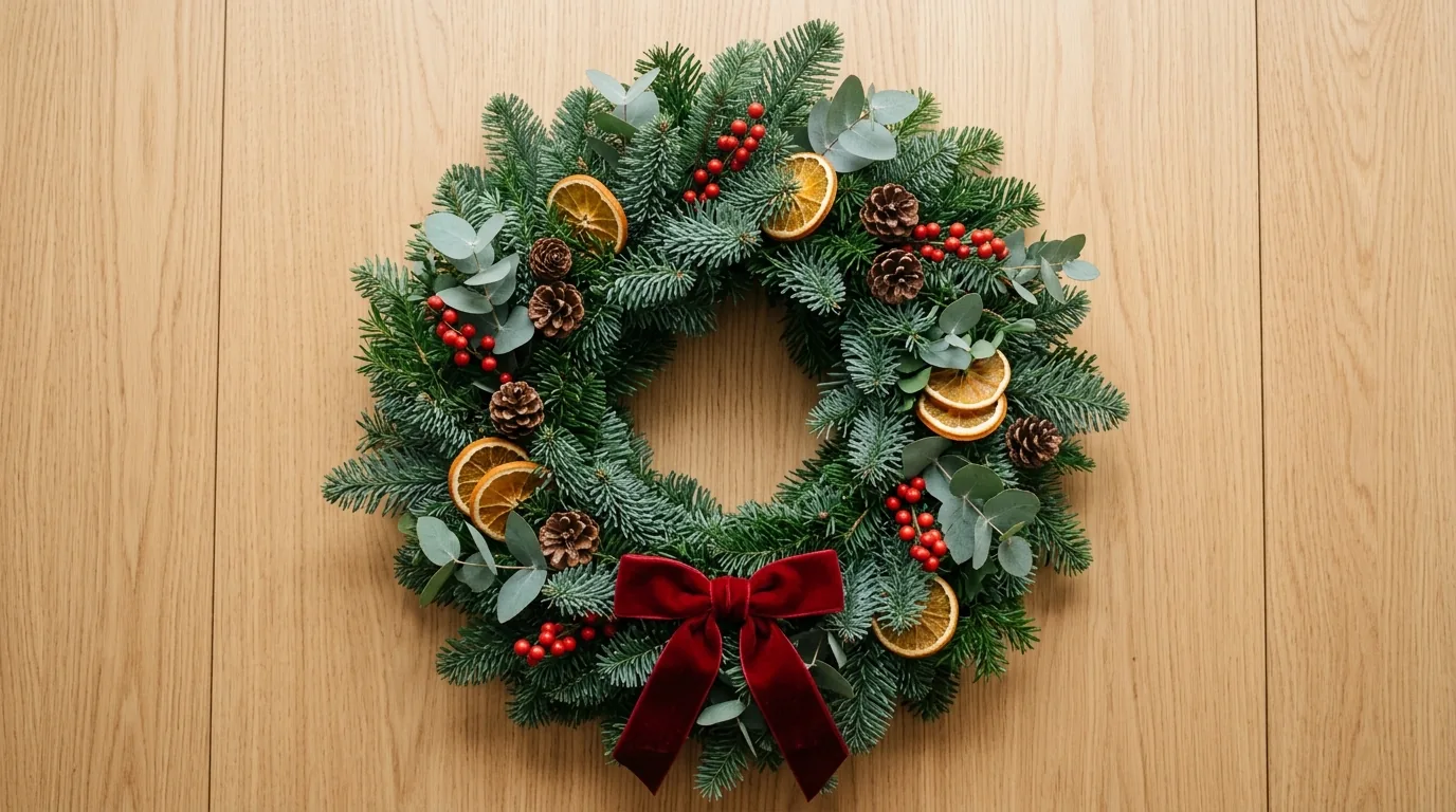 Fresh Christmas wreath with fir, eucalyptus, pinecones, berries, dried orange and a red velvet bow