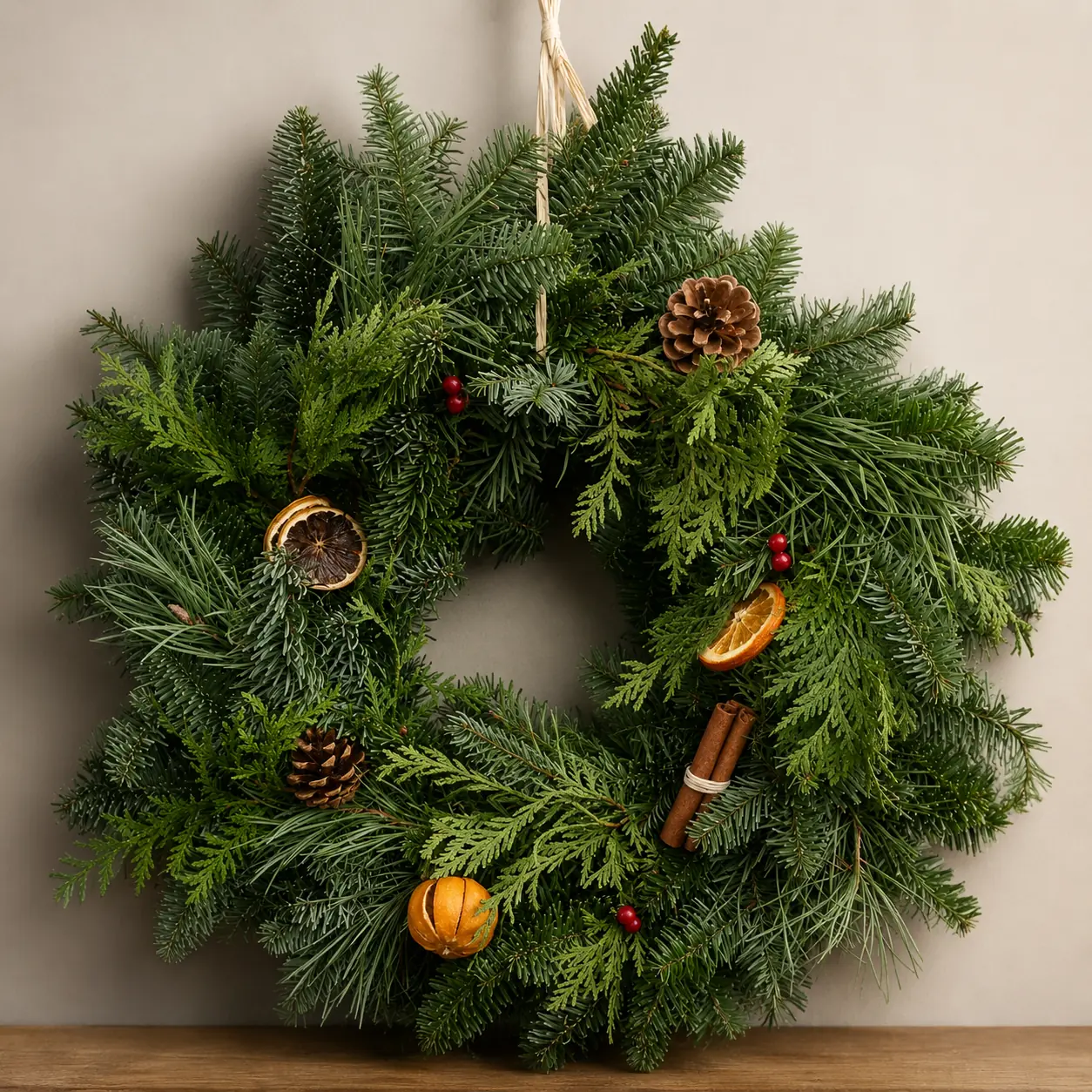 Hanging Christmas wreath with festive foliage and a bow