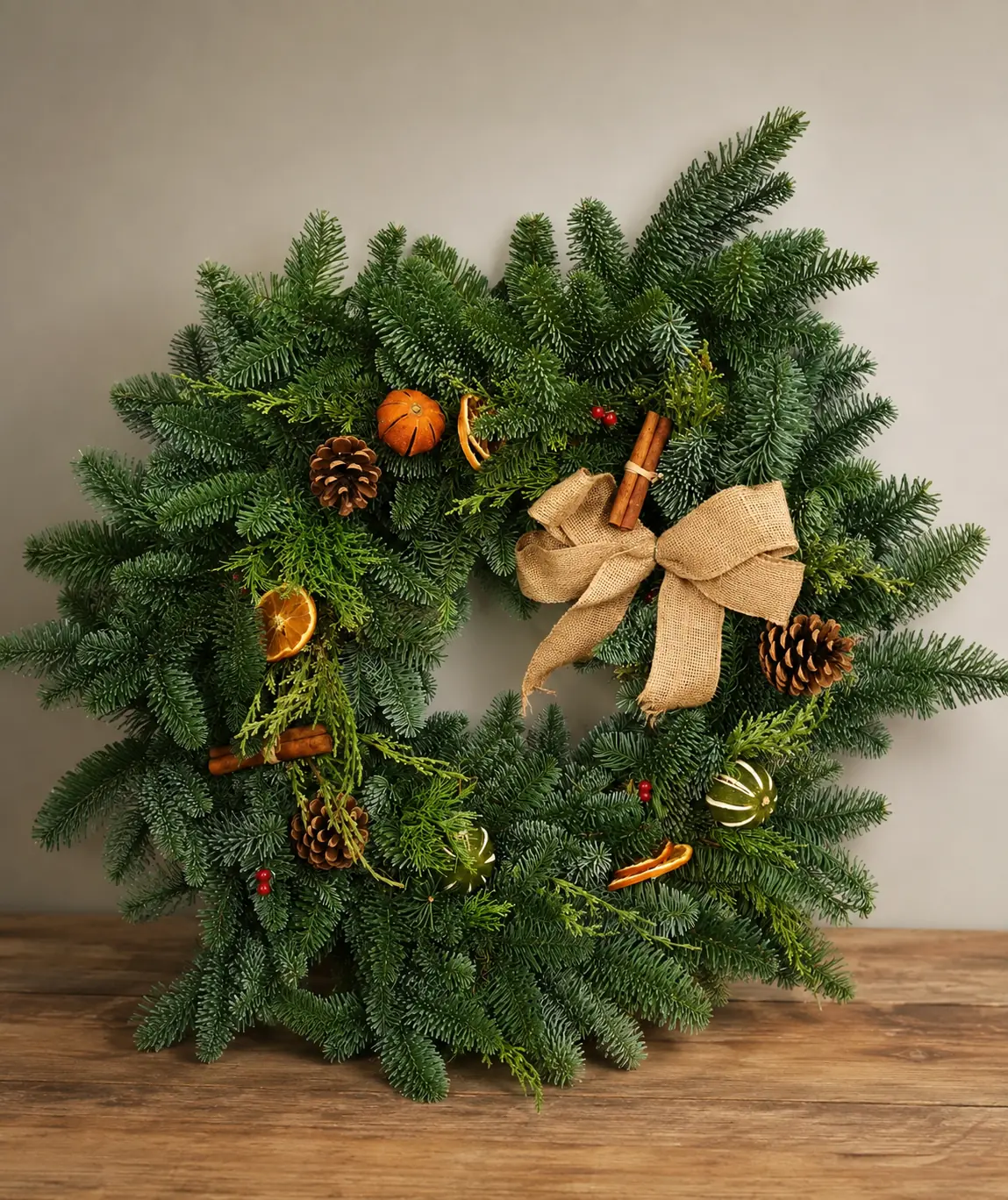 Christmas wreath with holly, pinecones and a rustic hessian bow