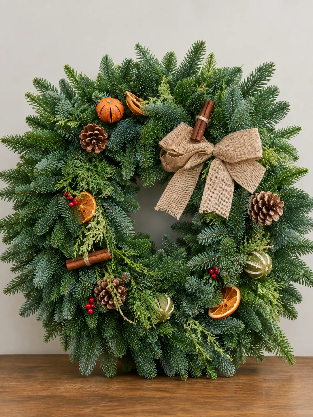 Fresh Christmas wreath with holly, berries and a hessian bow