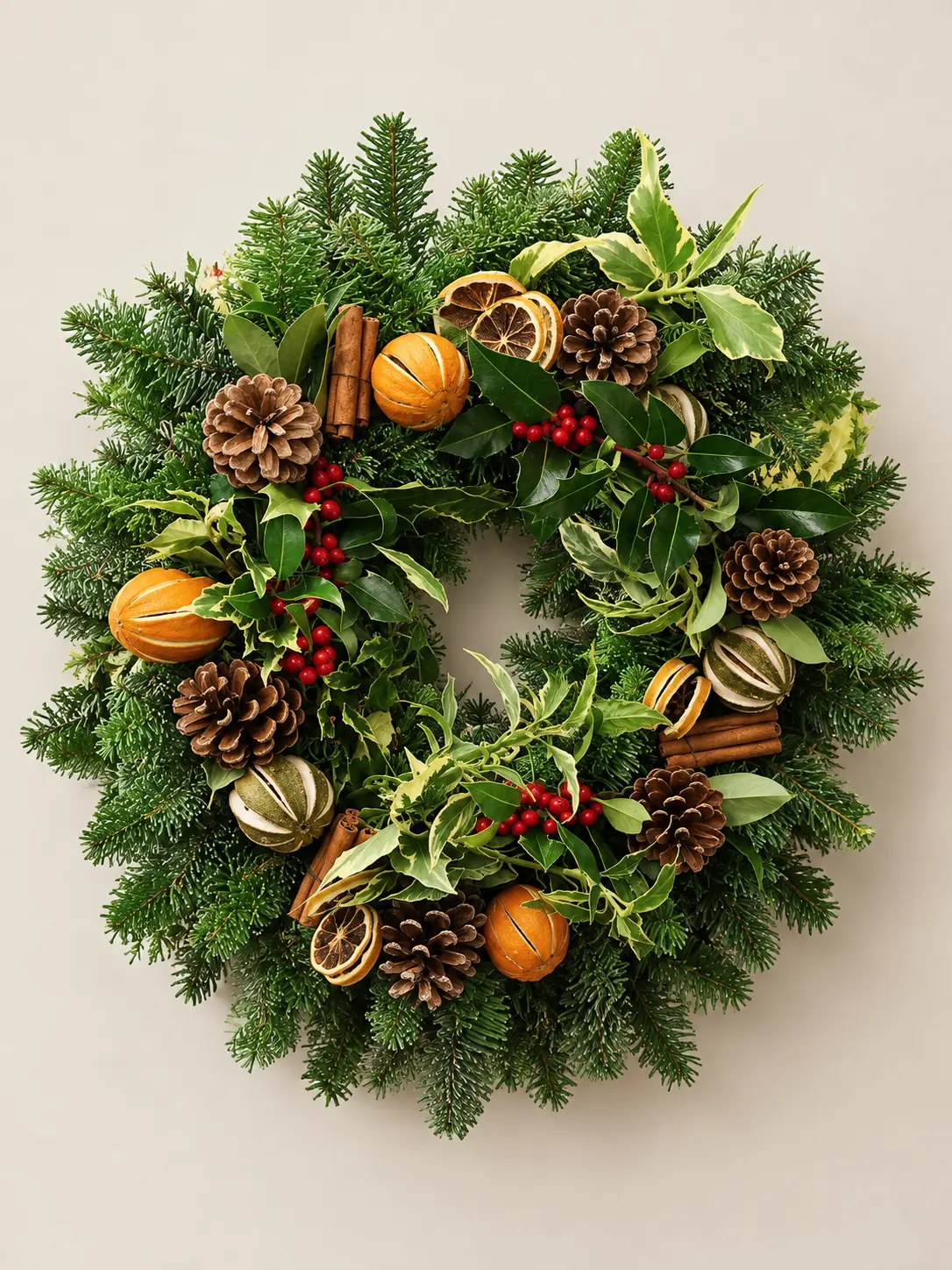 Christmas wreath with holly and dried citrus slices
