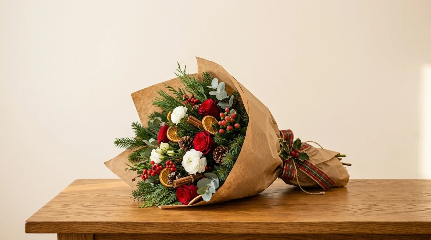 Hand-tied Christmas bouquet with red and white roses, pine, dried orange and pinecones, wrapped in brown paper with tartan ribbon