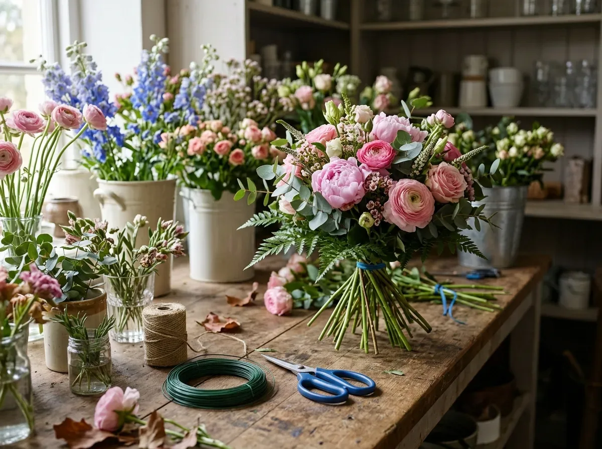 Buckets of fresh peonies, ranunculus and delphiniums in the Quality Plants and Flowers workshop in Denby Dale